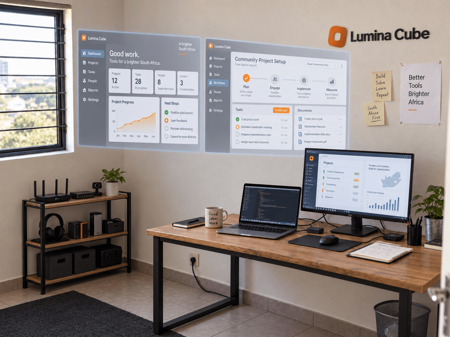 A Lumina Cube workspace: project dashboards on screen and a Better Tools, Brighter Africa poster on the wall.