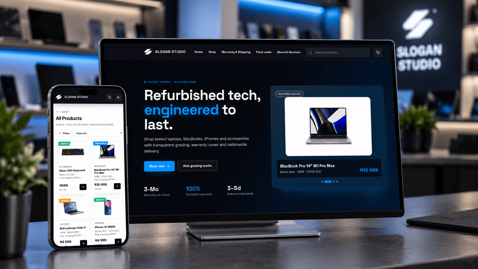 Slogan Studio refurbished tech store on desktop and mobile