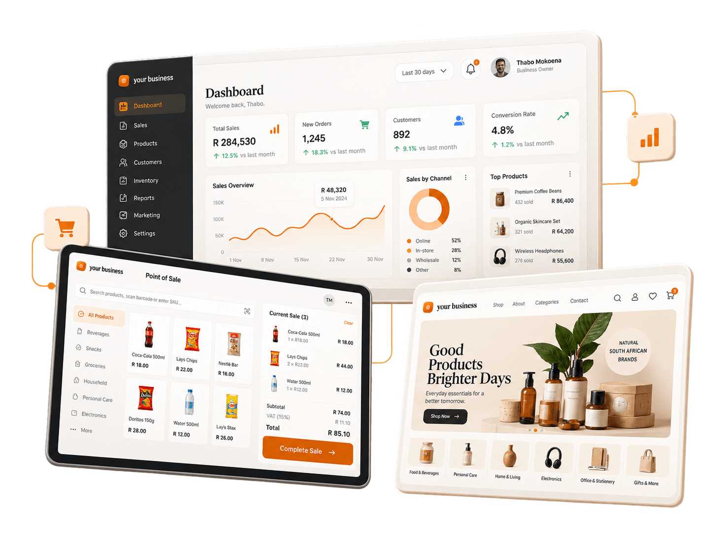 Business dashboard, point-of-sale and online store interface illustration