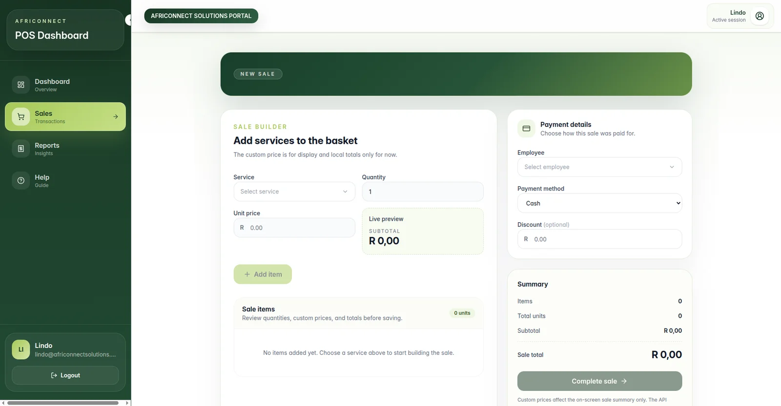 AfriConnect POS new sale interface